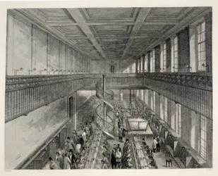 General Post Office, sala de portadores de cartas organizada para envio de jornais, do pub &39;London Interiors with their Costumes and Ceremonies&39;. Joseph Mead, Londres, c.1843 (gravura em aço)